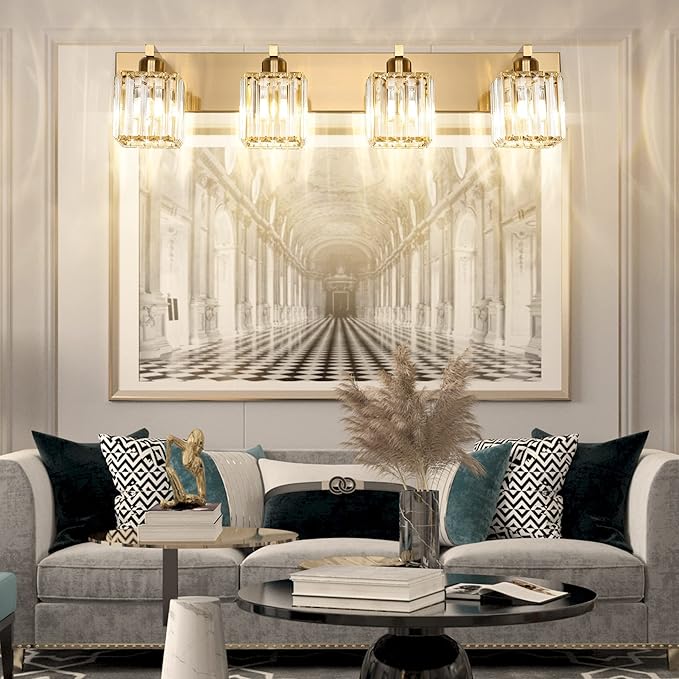 Aipsun Bathroom Lighting Fixtures Modern Crystal Vanity Light Brass 4 Light Bathroom Vanity Light (Exclude Bulb)