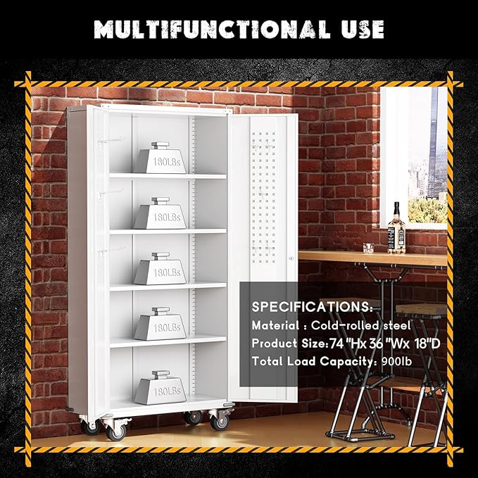 Greenvelly White Metal Storage Cabinet with Wheels, 73" Steel Garage Rolling Cabinet with Doors and 4 Shelves, Tall Locking Cabinets Tool Lockable Storage Cabinets for Basement, Pantry, Home Office