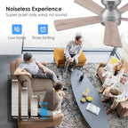 46" Ceiling Fan with Lights Low Profile, Flush Mount Ceiling Light with Remote and 5 Blades, Mute Reversible Motor, 6 Speeds and 3CCT Dimming, Modern Fan Light for Indoor Bedroom, Silver