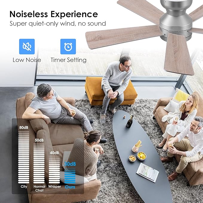 46" Ceiling Fan with Lights Low Profile, Flush Mount Ceiling Light with Remote and 5 Blades, Mute Reversible Motor, 6 Speeds and 3CCT Dimming, Modern Fan Light for Indoor Bedroom, Silver
