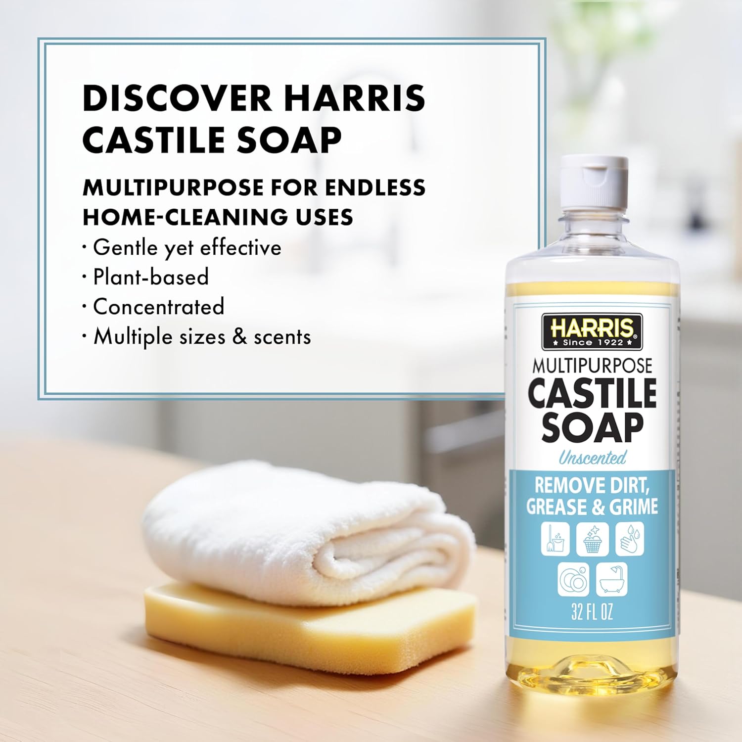 HARRIS Multi-Purpose Pure Liquid Castile Soap for Home Cleaning, Multi-Purpose Cleaner, For Dish Soap, Laundry Detergent, Kitchen and Bathroom Surfaces, Kids Rooms, Unscented, 32 Oz