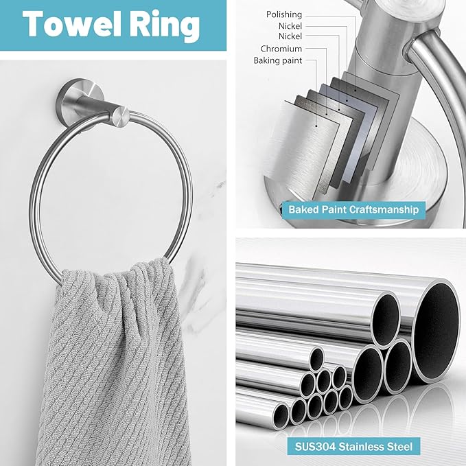 10 Pieces Brushed Nickel Bathroom Hardware Set, SUS304 Stainless Steel Towel Holder Set Includes 23.6 Inch Towel Bar, Toilet Paper Holder, Towel Ring and Towel Hook Wall Mount Bathroom Accessories Set