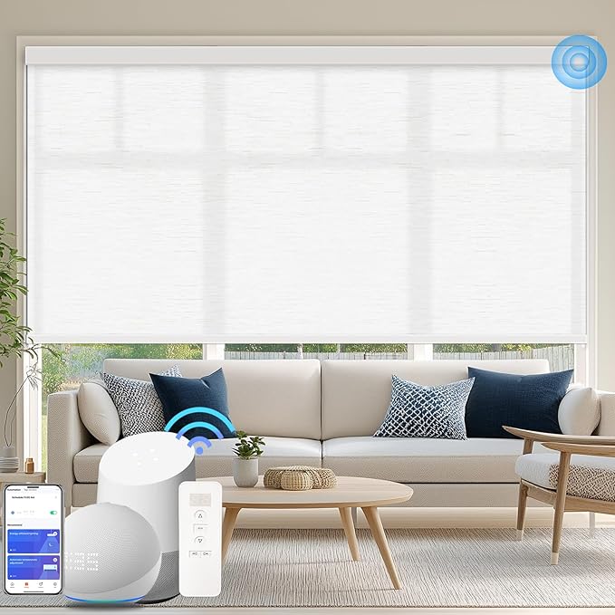 Motorized Blinds with Remote Cordless Automatic Motorized Shades Custom Blinds for Windows Smart Curtains Compatible with Alexa Google Home(Light Filtering Jacquard White,W40 x H72in)