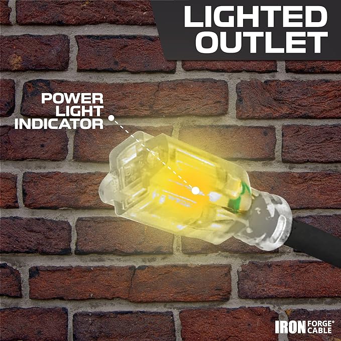 Iron Forge Cable 12 Gauge Outdoor Extension Cord 100 Ft, SJTOW 12/3 Heavy Duty Extension Cord 3 Prong, Oil Resistant & Flame Retardant - Lighted End