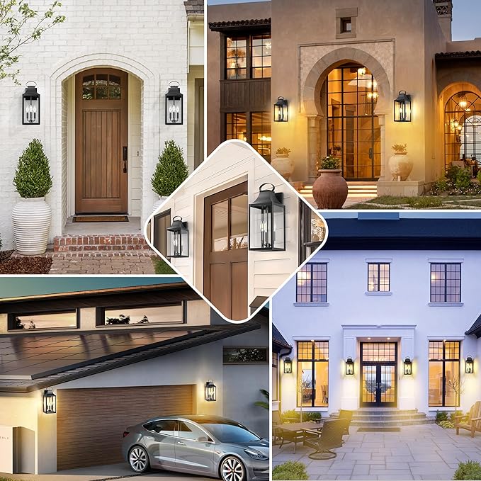 20" Extra Large Outdoor Wall Light, Black Exterior Lighting Fixtures with 3-Light, Waterproof Wall Mount Porch Lantern, Modern Outside Wall Sconce Garage Coach Light with Clear Glass, E12, 1 Pack