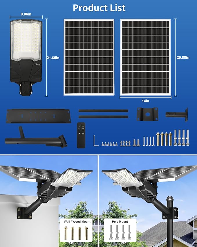 Ofuray Solar Street Lights Outdoor,OL-10000W 50,000Mah High Power Solar Security Flood Lights Parking Lot Lights Commercial Dusk to Dawn,IP67 6500k Led with Remote for Street,Court,Barn