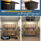 Koova Heavy-Duty Overhead Garage Storage Rack for 4 Bins. Adjustable Width, 160lb Capacity. DIY Safe Ceiling Mount, Easy Install. Fits 27-Gallon Totes. USA Made Pro-Grade Steel. Space Saving Organizer
