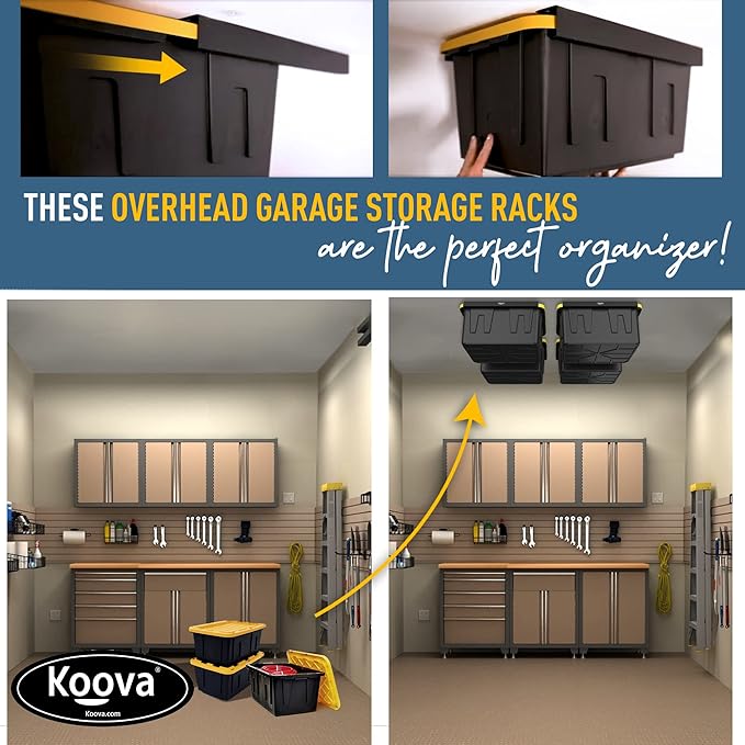 Koova Heavy-Duty Overhead Garage Storage Rack for 4 Bins. Adjustable Width, 160lb Capacity. DIY Safe Ceiling Mount, Easy Install. Fits 27-Gallon Totes. USA Made Pro-Grade Steel. Space Saving Organizer