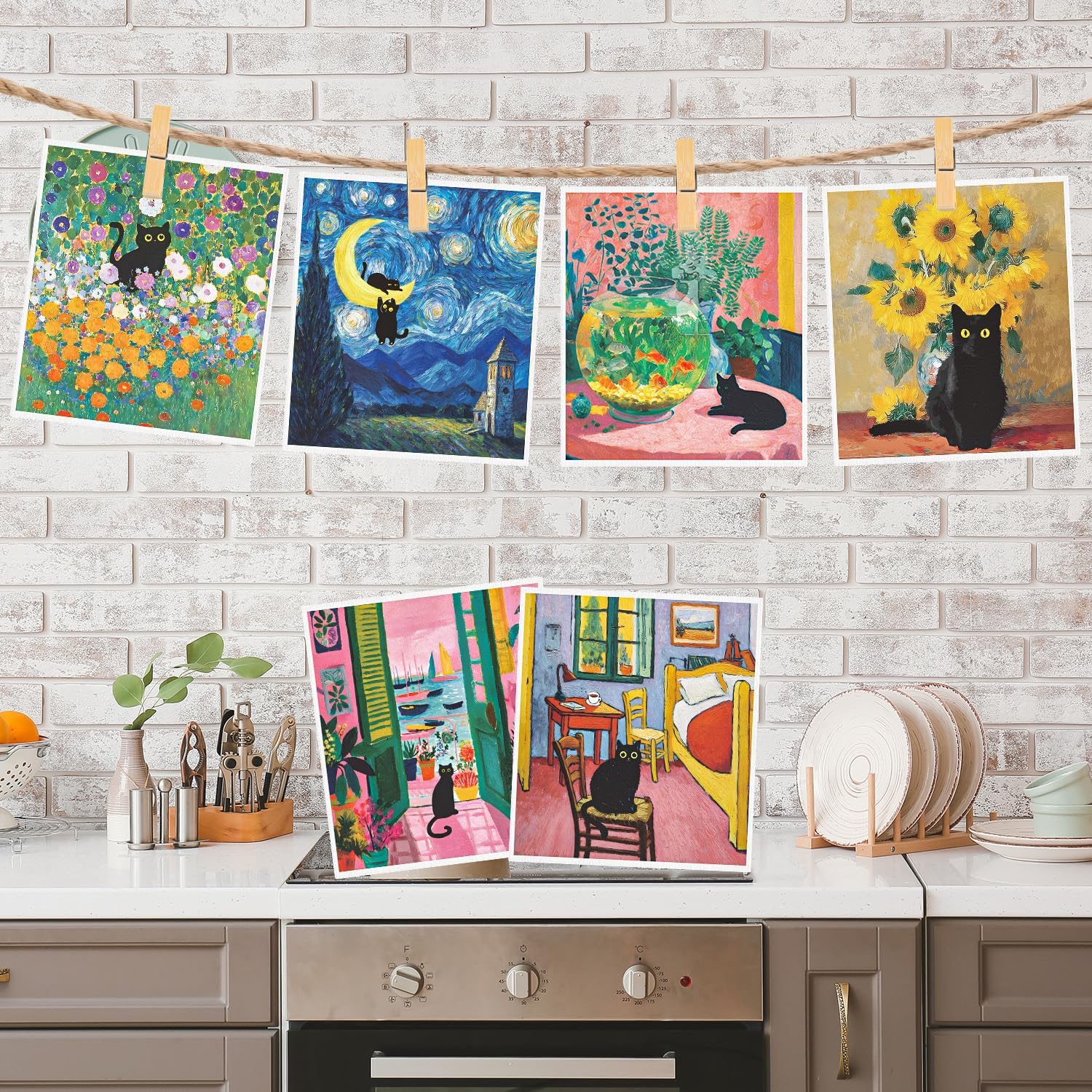 Oil Painting Swedish Dishcloths for Kitchen, 6 Pack Black Cat Wall Art Reusable Paper Towels Washable, Absorbent Dish Rags for Washing Dishes Housewarming Gifts