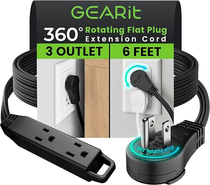 GEARit 360 Rotating Flat Plug Extension Cord (6ft, Black) Multi 3-Outlet Extension 16 AWG Wire, Adapter for Small Spaces, Right Angle Socket, ETL Certified - 6 Feet