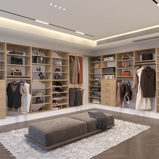 Double Hanging Closet Unit, Modular System Organizer With Storage for Walk In Closets, Clothing Rack Wardrobe for Hanging Clothes, Bedroom, Wood, 28.5"W