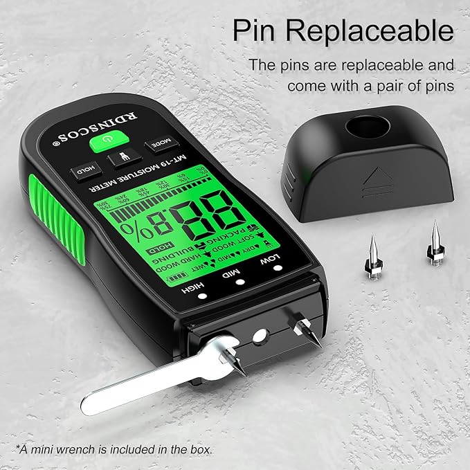 Wood Moisture Meter for Wood, Like Hardwood and Softwood Replaceable Pin Moisture Tester with Batteries