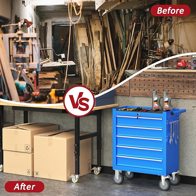 5-Drawers Rolling Tool Box with Wheel,Tool Chest with Wheels, Rolling Tool Box with Locking System, Tool Box with Organizer for Garage, Warehouse, Workshop (Blue, 5 Drawers)