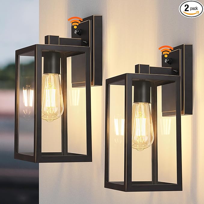 PARTPHONER Black Exterior Light Fixtures Wall Mount with Gold Rim, Dusk to Dawn Outdoor Porch Lights Lamp, Sensor Wall Sconce, Waterproof Outdoor Lantern for House Doorway, Garage 2 Pack