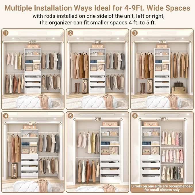 Aheaplus 4-9Ft Closet System, Closet Organizer with 4 Wooden Drawers, Wood Closet Organizer System with Tower, Walk-in Closet Organizer Wardrobe and Storage with 4 Hanging Rods, 11White