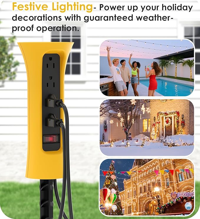 CCCEI Outdoor Power Strip Weatherproof with Stake, Waterproof Extension Cord with Multiple Outlets, Christmas Exterior Garden Decor, Yard, Camping, 4 Plugs, Surge Protector 10FT, Yellow.