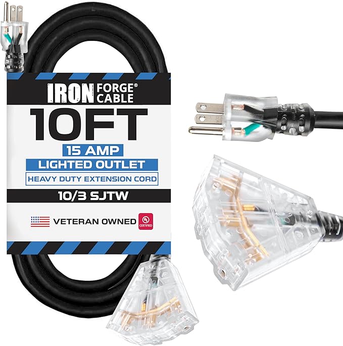 Iron Forge Cable 10 Gauge 10ft Lighted Outdoor Heavy Duty Extension Cord with 3 Outlets - 15 Amp 10/3 SJTW Black Extension Cord with Multiple Outlets