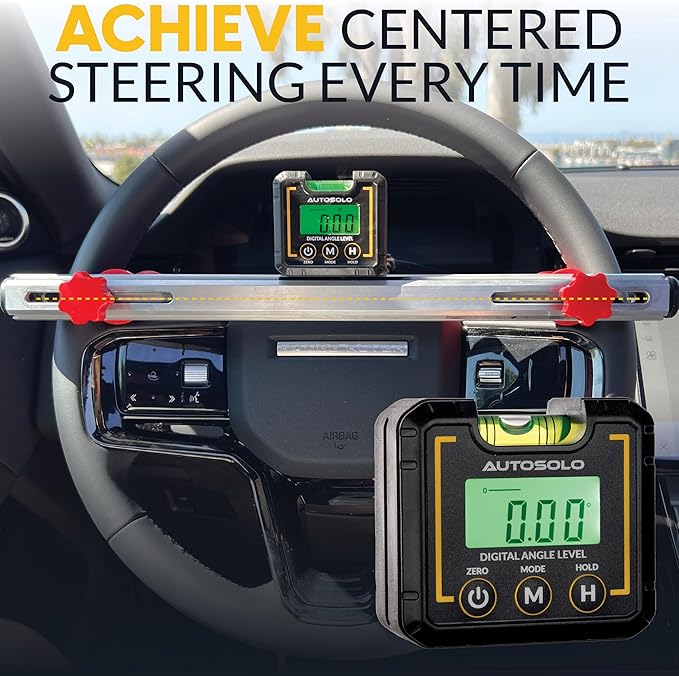 Steering Wheel Level Alignment Tool with Digital Angle Level & Magnetic Torpedo Vial - Adjustable Spring-Loaded Leveling Tool - Universal Steering Wheel Compatibility