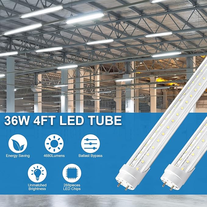 T8 LED Bulbs 4 Foot, 12 Pack 36W 4680LM 5000K Daylight White Type B 4FT LED Tube Lights, T8 T10 T12 Fluorescent Replacement Bulbs, Ballast Bypass, V-Shaped, Double Ended Power, Clear Cover