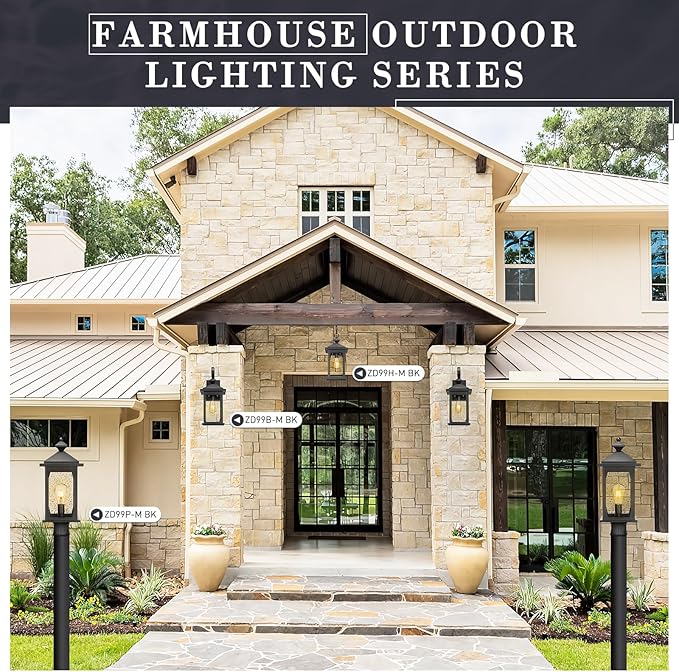 zeyu Large Farmhouse Outdoor Wall Light, 21 Inch Exterior Porch Light Fixture for Front Porch Garage, Die-Cast Aluminum with Seeded Glass, Black Finish, ZD99B-M BK