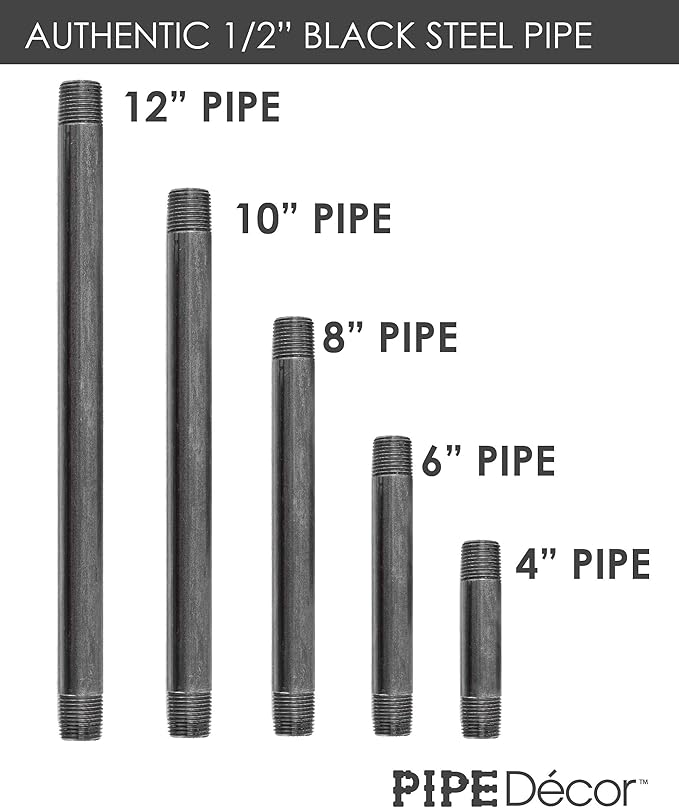 PIPE DÉCOR 1/2” x 12” Malleable Cast Iron Pipe Nipple, Pre Cut Connectors, Industrial Steel Grey Fits Standard Half Inch Black Threaded Pipes Nipples and Fittings, Build Vintage DIY Furniture, 6 Pack