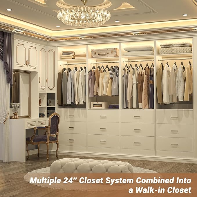 Closet System Set of 4, 8FT Closet Systems with 12 Wood Drawers, 96" Closet Organizer System with 4 Hanging Rods & 4 Shelves, Heavy Duty 96 Inch Walk-in Closet, White (96"L x 15" W x 80" H)