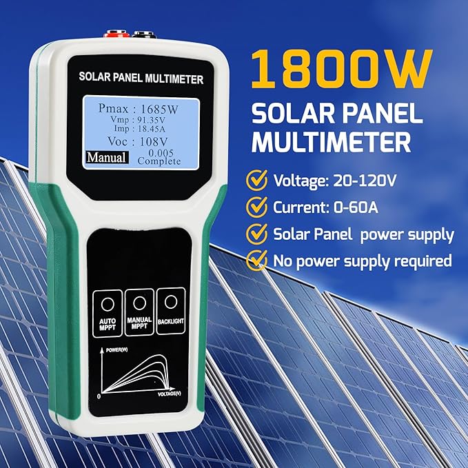 1800W Solar Panel Tester Photovoltaic Multimeter with Smart MPPT Detection for Solar PV Panel Data & Troubleshoot Measures, 24V | 48V | 120V Systems Overload Protection for PV Systems, Data Analysis