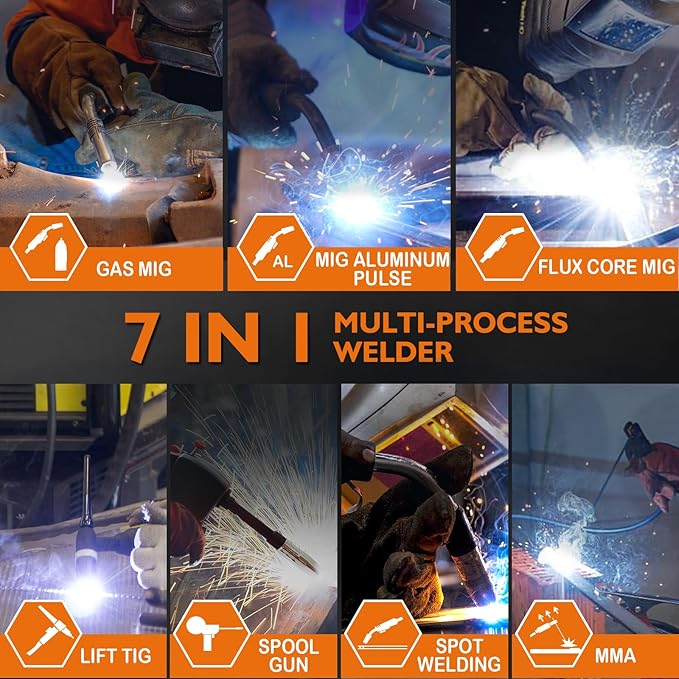 250A Aluminum Pulsed MIG Welder,7 in 1 Gas MIG/Pulse MIG/Flux Core/Stick/Lift TIG/Spot Welding/Spool Gun Compatible Aluminum Welding Machine LED Display 110V/220V Multiprocess Welder