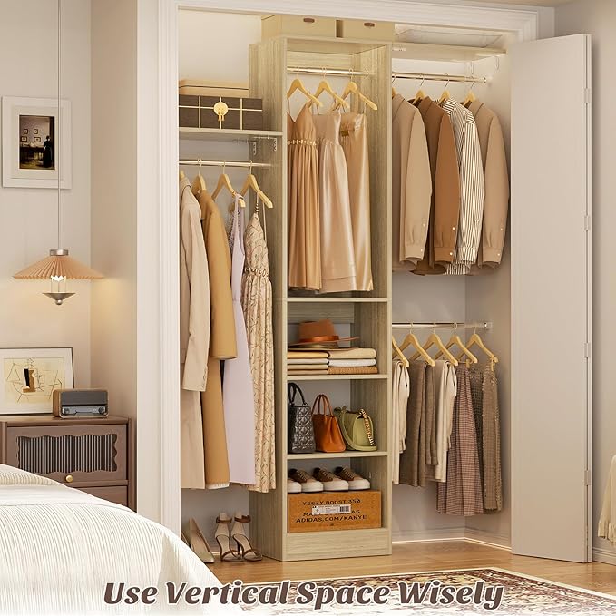 48" Small Closet Organizer, 4FT Closet System for Small Closets with 4 Hanging Rods & 3 Shelves, 80"H Small Closet Organizers and Storage for Bedrooms, Cloakrooms, White Oak