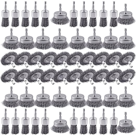 60 Pack Rocaris Carbon Steel Wire Wheel Brush Set - Cup, Wheel, and Pen Brushes With 1/4-Inch Hex Shank for Rust Removal, Corrosion and Scrub Surfaces