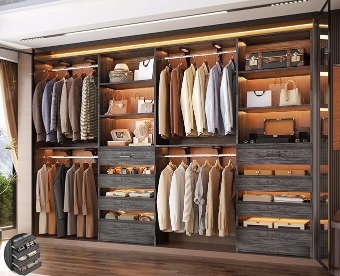 Aheaplus Closet System with 8 Wooden Drawers, Wood Closet Organizer System with Tower, Walk-in Closet Organizer Wardrobe Clothes Rack with 4 Hanging Rods, Garment Rack, Cut to Fit 7-12Ft, Black Oak1