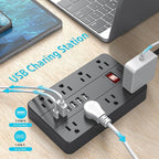 Surge Protector Flat Extension Cord Flat Plug Power Strip, AOFO 8 Widely Spaced Outlets and 6 USB Charger(1 USB C Port), 5 Ft, for Travel, Office, School, Dorm Room Essentials, Black