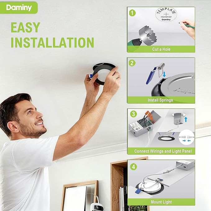 DAMINY 6 Pack 6 Inch Black LED Recessed Lighting with Junction Box,5CCT,Ultra-Thin Recessed Light,10W 1100lm, Dimmable Canless Wafer Ceiling Light,High Brightness - ETL