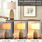 Touch Control Rattan Table Lamps, 3 Way Dimmable Bedside Lamps for Bedroom Set of 2 with 2 USB Ports and AC Outlet, Grass Rope Nightstand Lamps for Living Room Office (2 LED Bulbs Included)