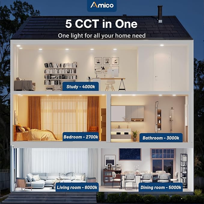 Amico 20 Pack 6 Inch 5CCT Ultra-Thin LED Recessed Ceiling Light with Junction Box, 2700K/3000K/4000K/5000K/6000K Selectable, 12W Eqv 110W, Dimmable Can-Killer Downlight, 1050LM High Brightness