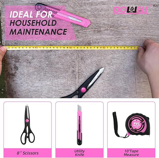 DOWELL 40 Pieces Home Tool Set Pink, General Household Hand Tool Kit with Plastic Toolbox Storage Case, Mini Repair Tool kit for Women, College Students, Home Use & More