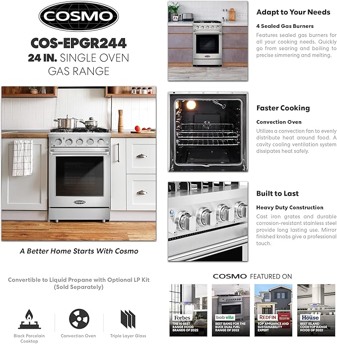 COSMO COS-EPGR244 24 in. Haven Collection 3.73 cu. ft. Gas Range with 4 Sealed Burners, Cast Iron Grates, Convection Oven, Stainless Steel