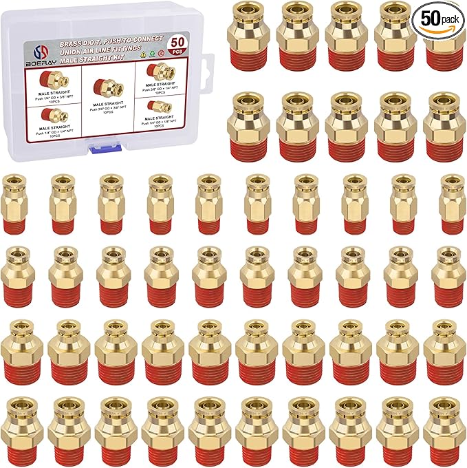50pcs Quick Push to Connect Fittings Brass Male Straight Combination 1/4 3/8 DOT Air Line Fittings Kit 1/4 3/8 Tube Fitting DOT Approved Air Brake System Air Suspension Kit Air Hose Repair Kit