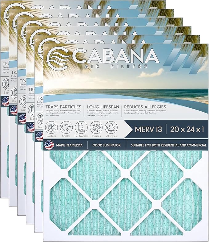 Cabana Filters 6-Pack 20x24x1 MERV 13 AC Furnace Air Filter for Home and Office - Indoor HVAC System Filtration Replacement, Captures Unwanted Particles