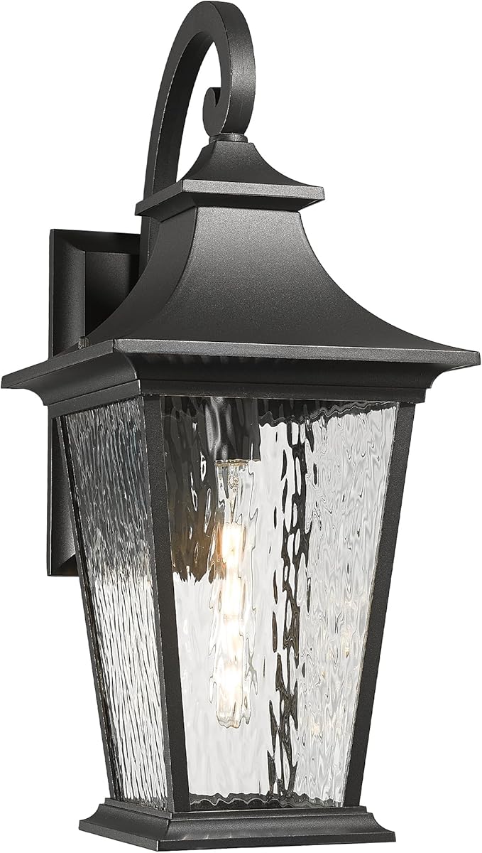Emliviar 25 Inch Exterior Lighting Fixture, Black Outside Lights for House, Outdoor Wall Lantern with Water Ripple Glass, XE220B-SW BK