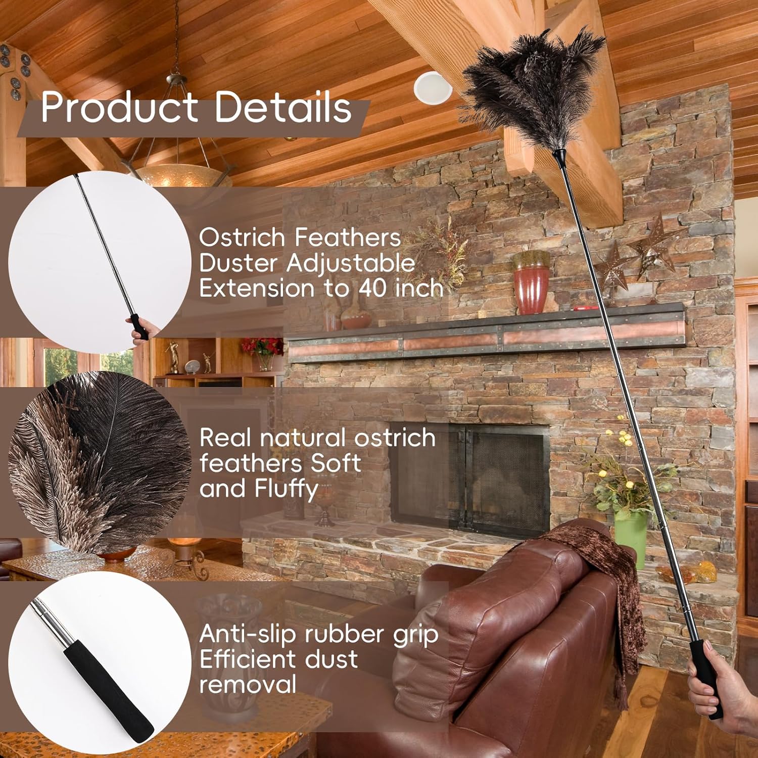THARAHT Extendable Ostrich Feather Duster up to 16-47 inches Fluffy Feathers Long Handle Reusable for Cleaning Ceiling Fan Pendant lamp High Ceiling Blinds Furniture Feather Duster