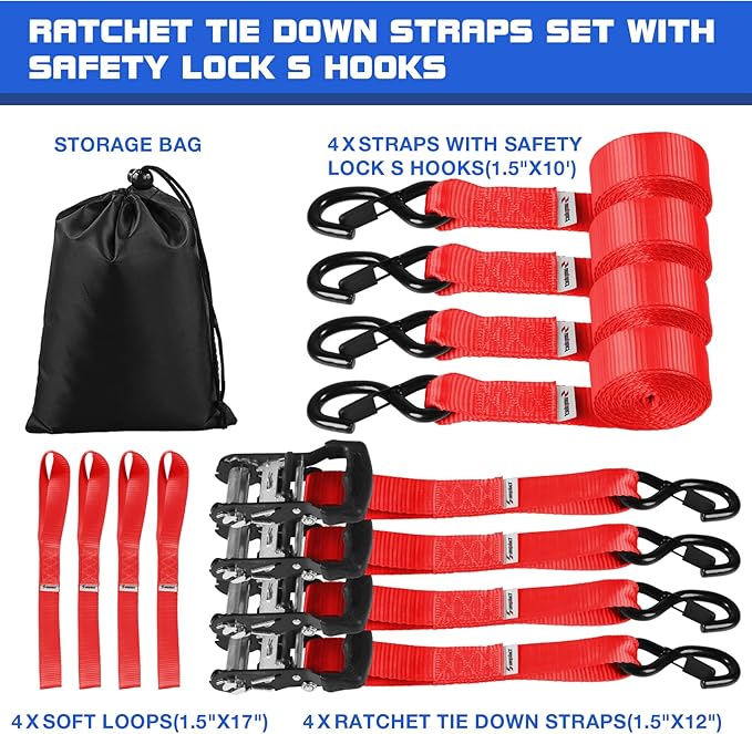 Heavy Duty Ratchet Straps for Trucks 4 PK 4400 LB 1.5" X10'Hold Containers Boat Tie Down Straps for Cargo/Pickup Truck Bed Toolbox Belt Accessories,Moving Furniture,Roof Rack Kayak Load Strap Red