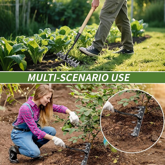 Upgraded Weed Puller Tool, Rust-Proof Manual Weed rake (cultivates Soil with Wooden Handle), 8-Tine Manganese Steel Iron rake for Gardening/Weeding, Gardinia uprooting Tool