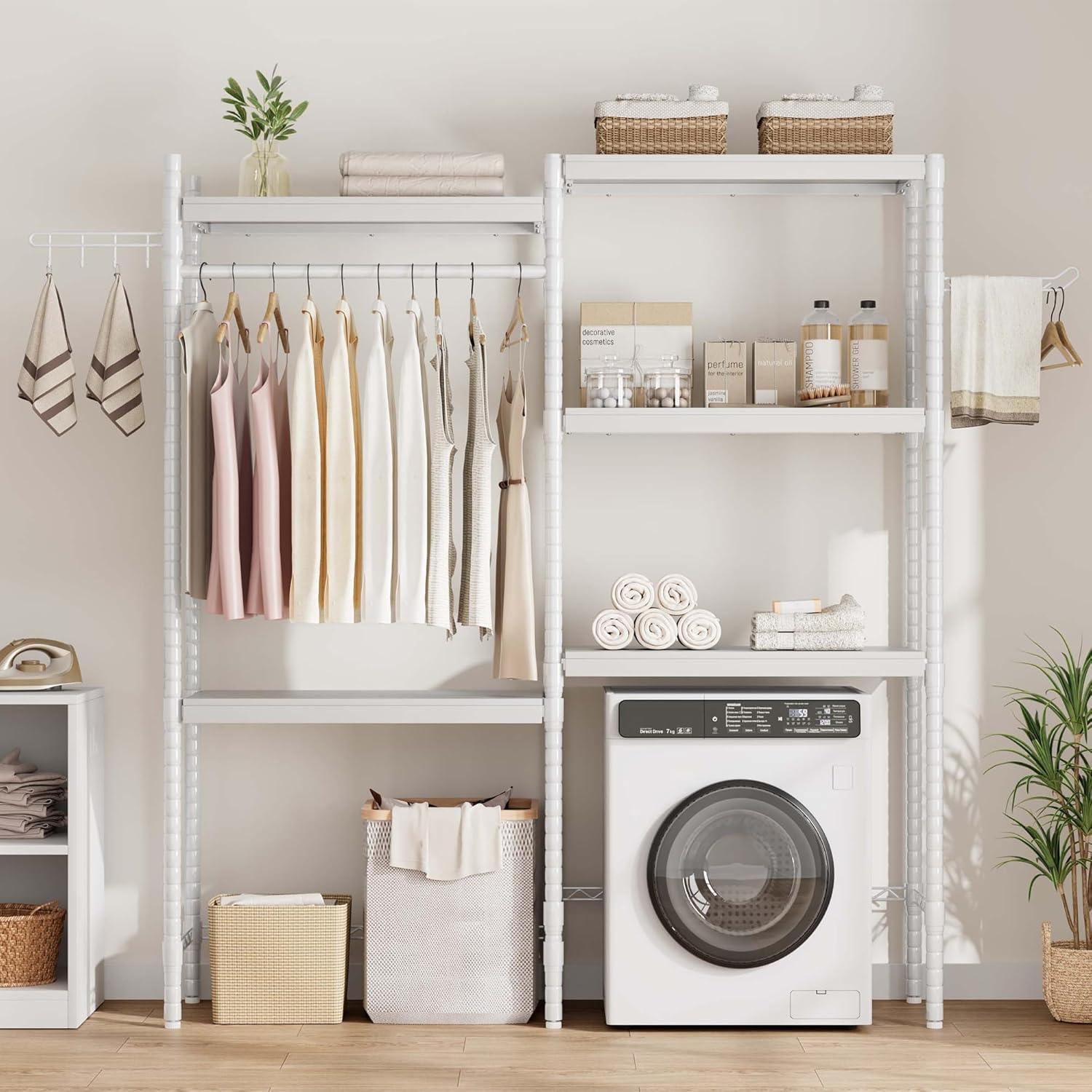 5-Tier Over-The-Washer Shelf - Adjustable 28" Laundry Organizer with 100lb Double Wood Shelves, Space-Saving Storage Unit for Small Homes (White)