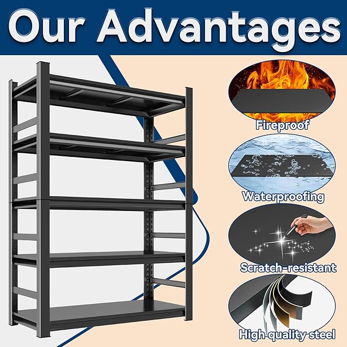 Garage Shelving, 2000LBS Garage Shelving Heavy Duty, Adjustable and Detachable Metal Storage Shelves with Fences, Easy Assembly, Shelves for Warehouse,Basement (32" W*15.7" D*63" H)