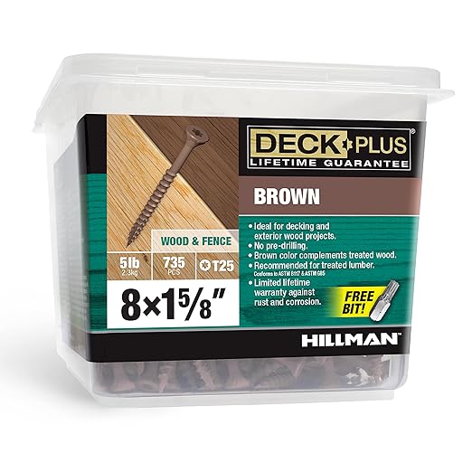 Deck Plus 1-5/8 Inch Epoxy Coated Exterior Wood and Fence Screws #8 x 1-5/8" Torx/Star Drive Included Coarse Thread, Outdoor Rust Resistant Decking Screw, Brown, 5 lb Box, 735 Pieces | 49002