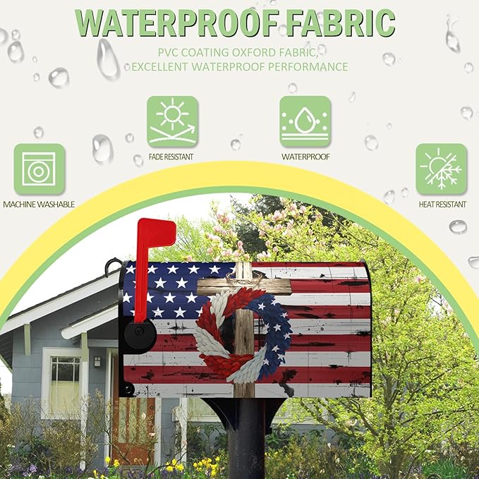 4th of July Patriotic Mailbox Cover Magnetic American Flag Independence Day Mailbox Covers Standard Size 21 x 18 in Blue Red Stars Wreath Post Box Wraps for Garden Yard Decor