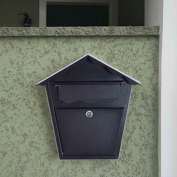 Wall Mount Locking Mailbox - Black Horizontal Triangular Security Mailbox - Waterproof Vertical Drop Mail Box Outdoor with Key