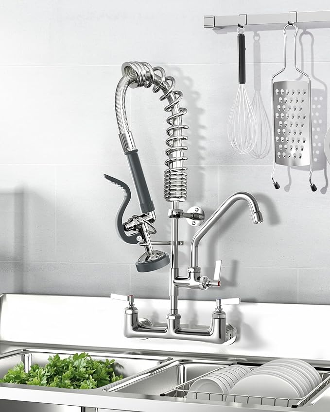 Commercial Faucet with Sprayer 21" Height 8" Center Wall Mount Kitchen Sink Faucet Brass Constructed Polished Chrome Pre-Rinse Device with Coilded Spring and 10" Add-on Spout