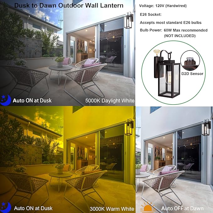 LIT-PaTH Dusk to Dawn Outdoor Wall Lantern, Wall Sconce as Porch Lighting Fixture, E26 Medium Base Max 60W, Anti-Rust Metal with Glass Shade, Oil Rubbed Bronze Finish, 1-Pack
